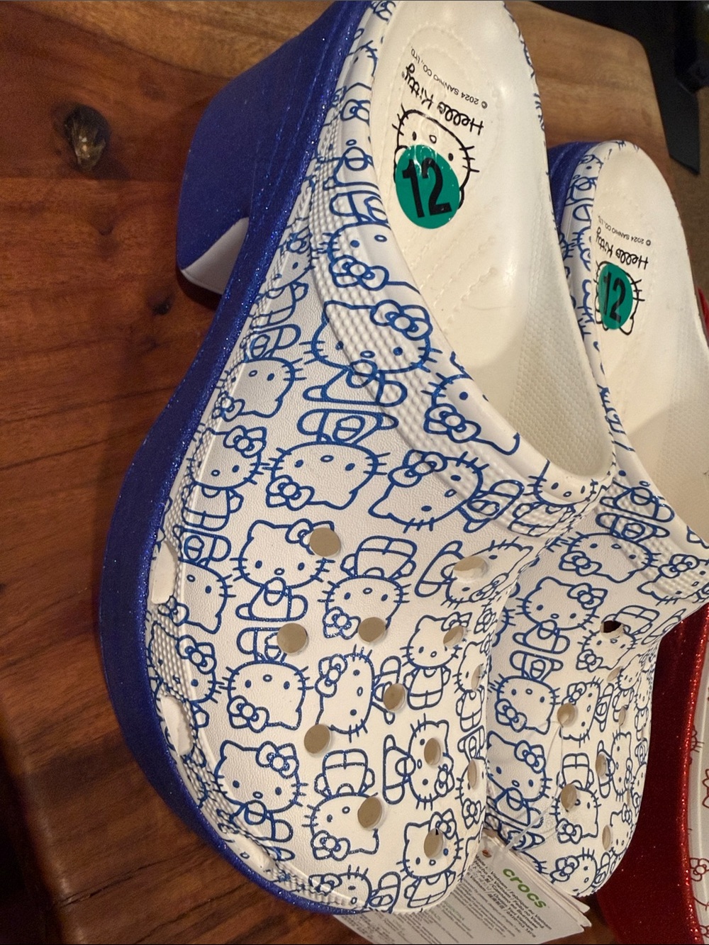CROCS Hello Kitty White and Blue Glitter Wedge Sandals